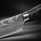 Close-up of the premium chef’s knife blade and handle