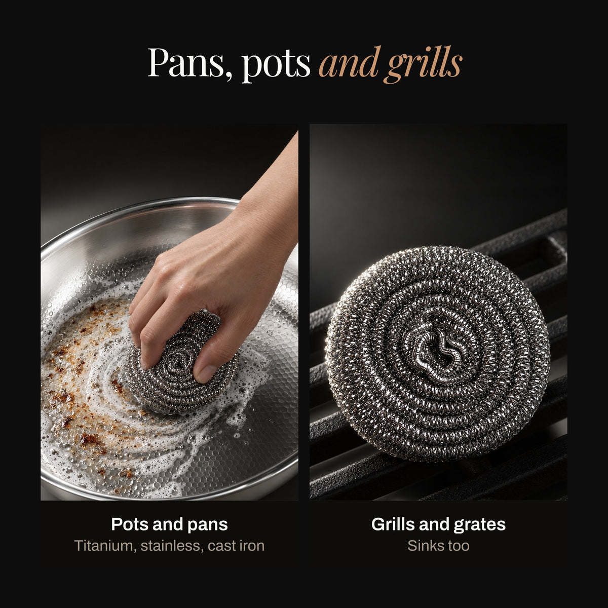 The scrubber on a pan and on a grill grate
