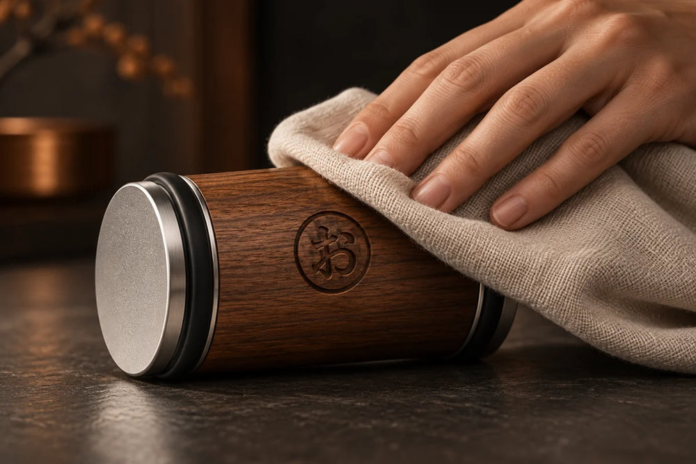 Wiping the rolling sharpener with a dry cloth