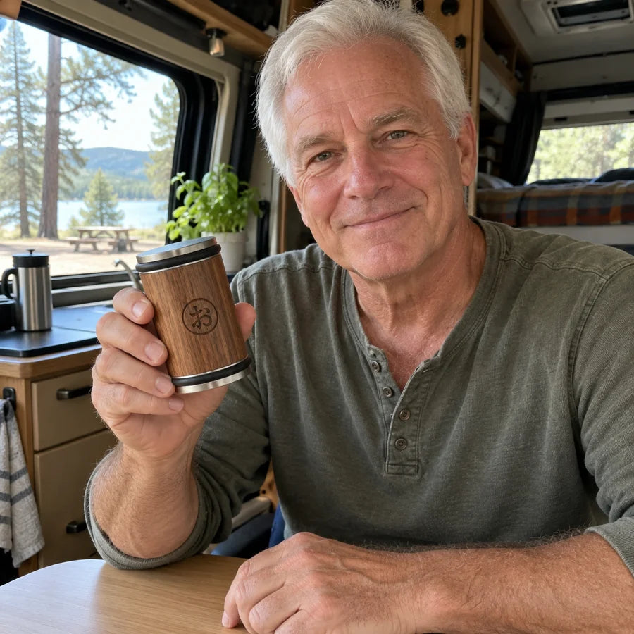 Illustrative lifestyle image of a person holding an Okura sharpener
