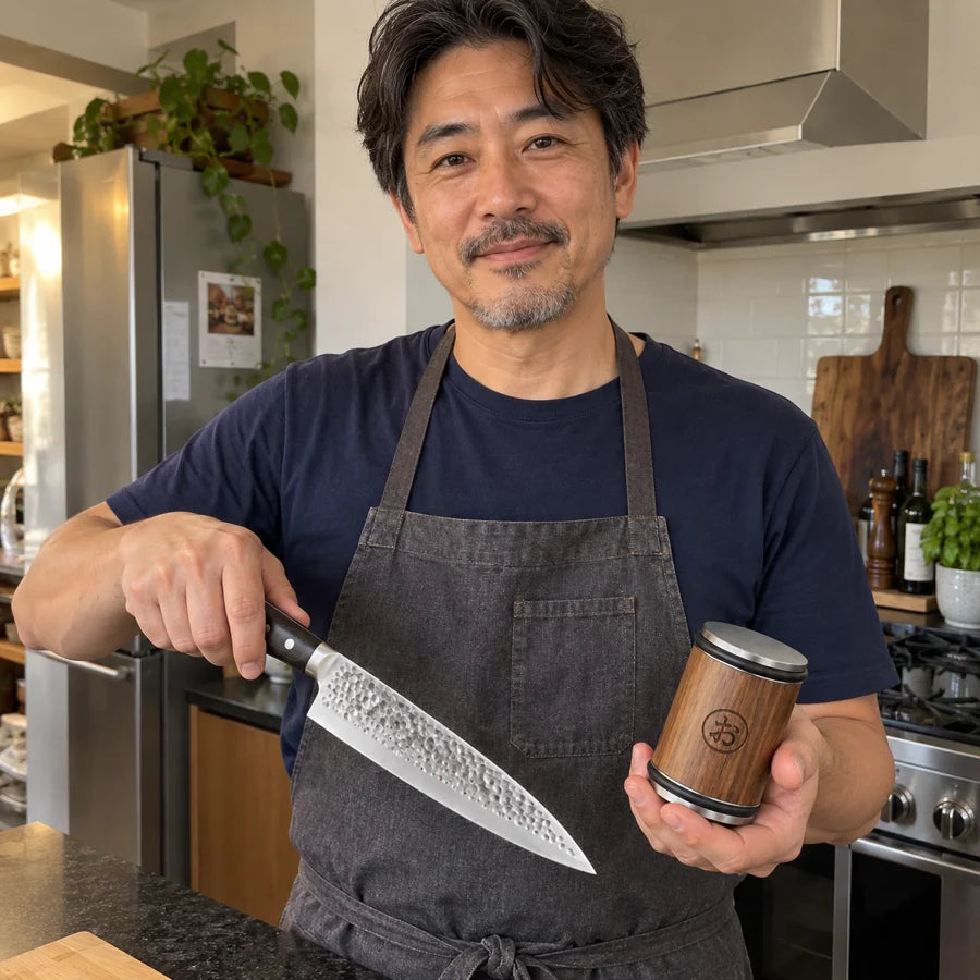 Illustrative lifestyle image of a person holding an Okura sharpener