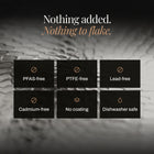Nothing added, nothing to flake: close-up of the uncoated hammered titanium surface. PFAS-free, PTFE-free, lead-free, cadmium-free, no coating, dishwasher safe