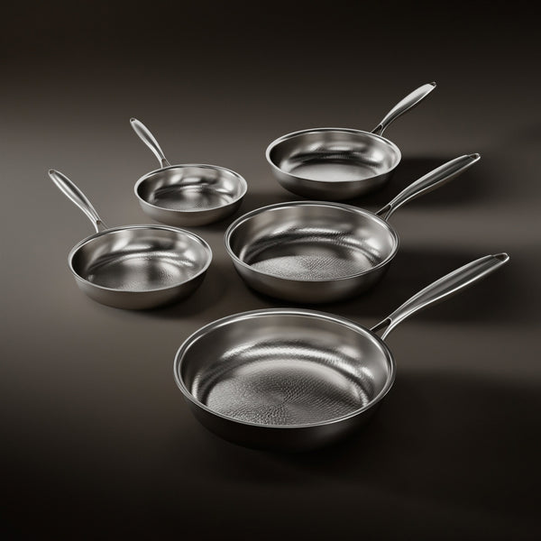 Hammered Titanium Frying Pan Bundle with 2 Lids (5 Sizes, 8–12