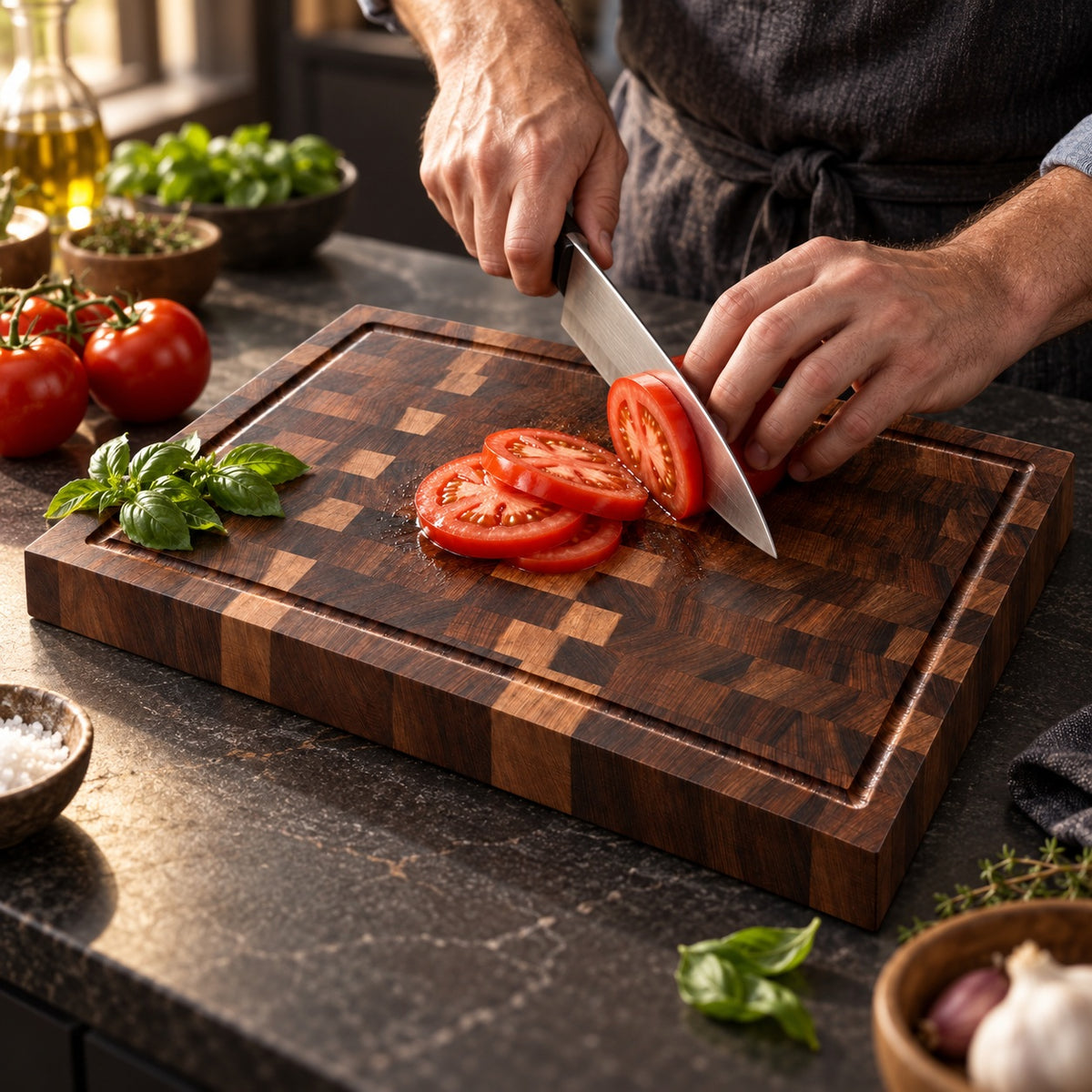 Food preparation on the Okura walnut board