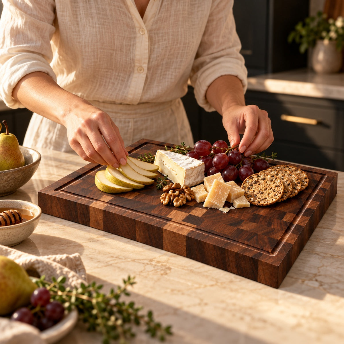 Arranging cheese and fruit on the Okura walnut board
