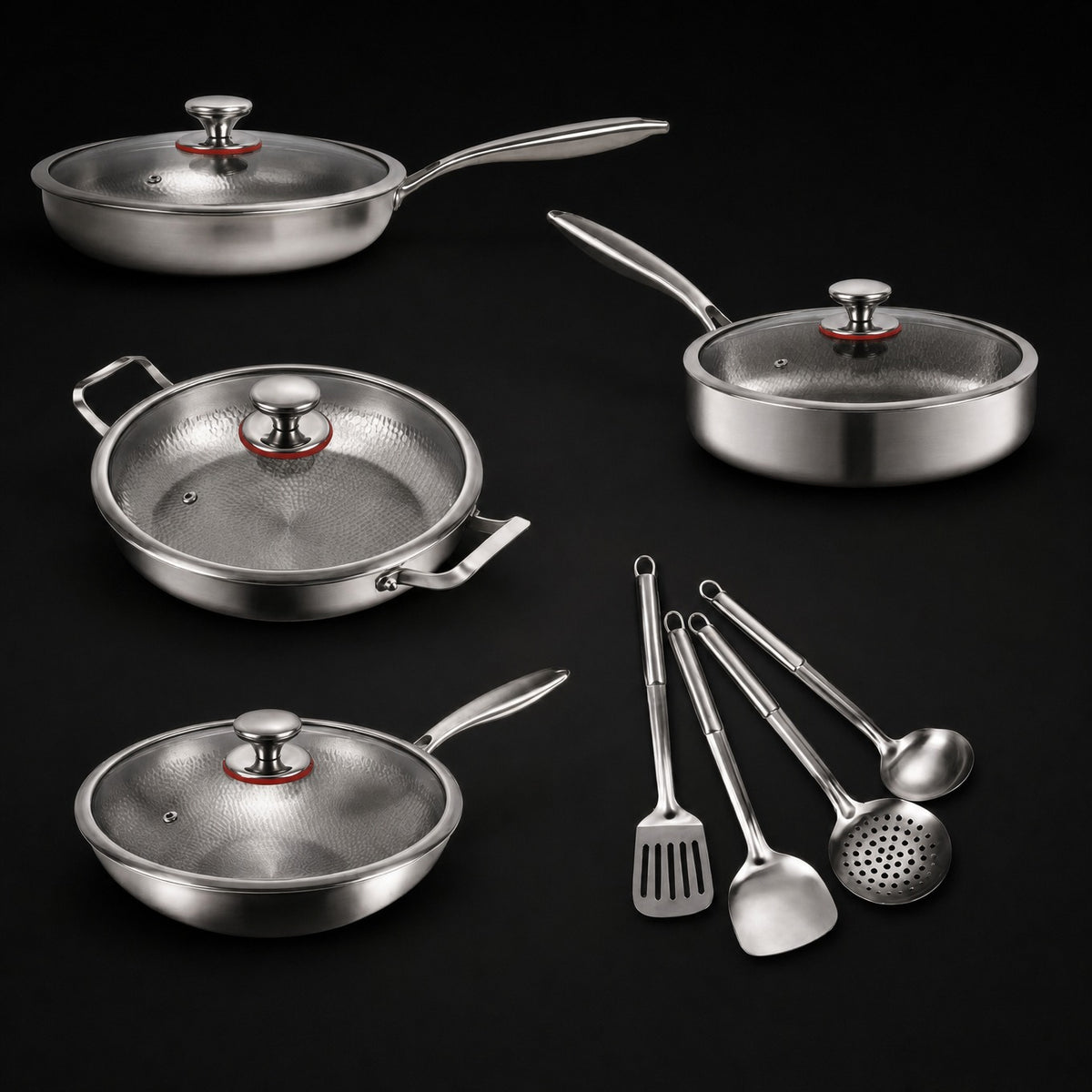 Hand-Hammered Titanium Family Set: 4 Pans & Utensils