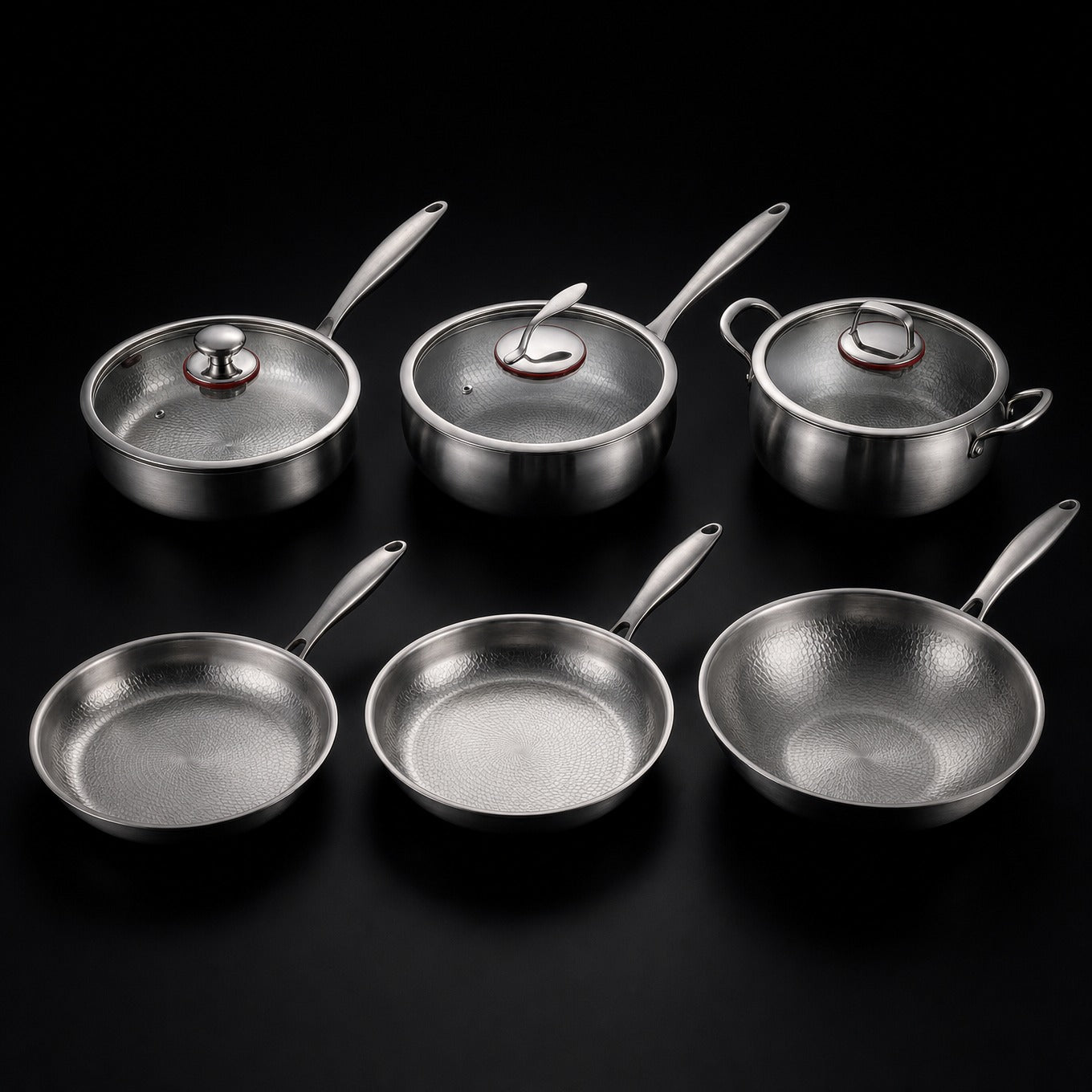 Hand-Hammered Titanium Complete Kitchen Set with 3 Lids (10, 11 & 12 Inch)