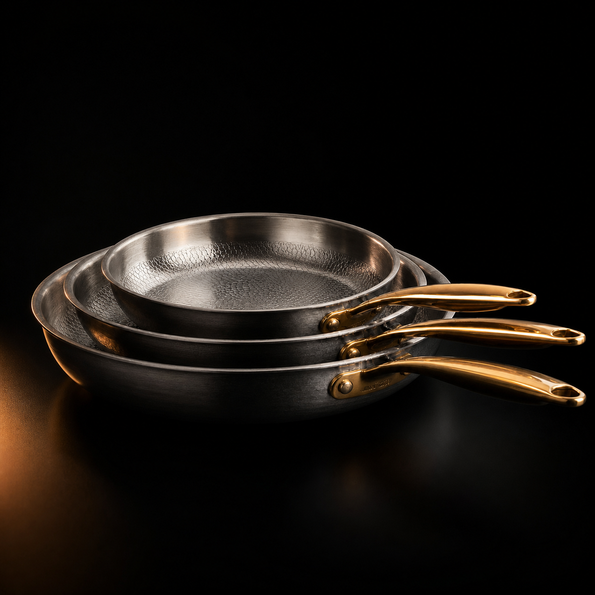 Three-piece hand-hammered titanium pan set, Okura Cookware