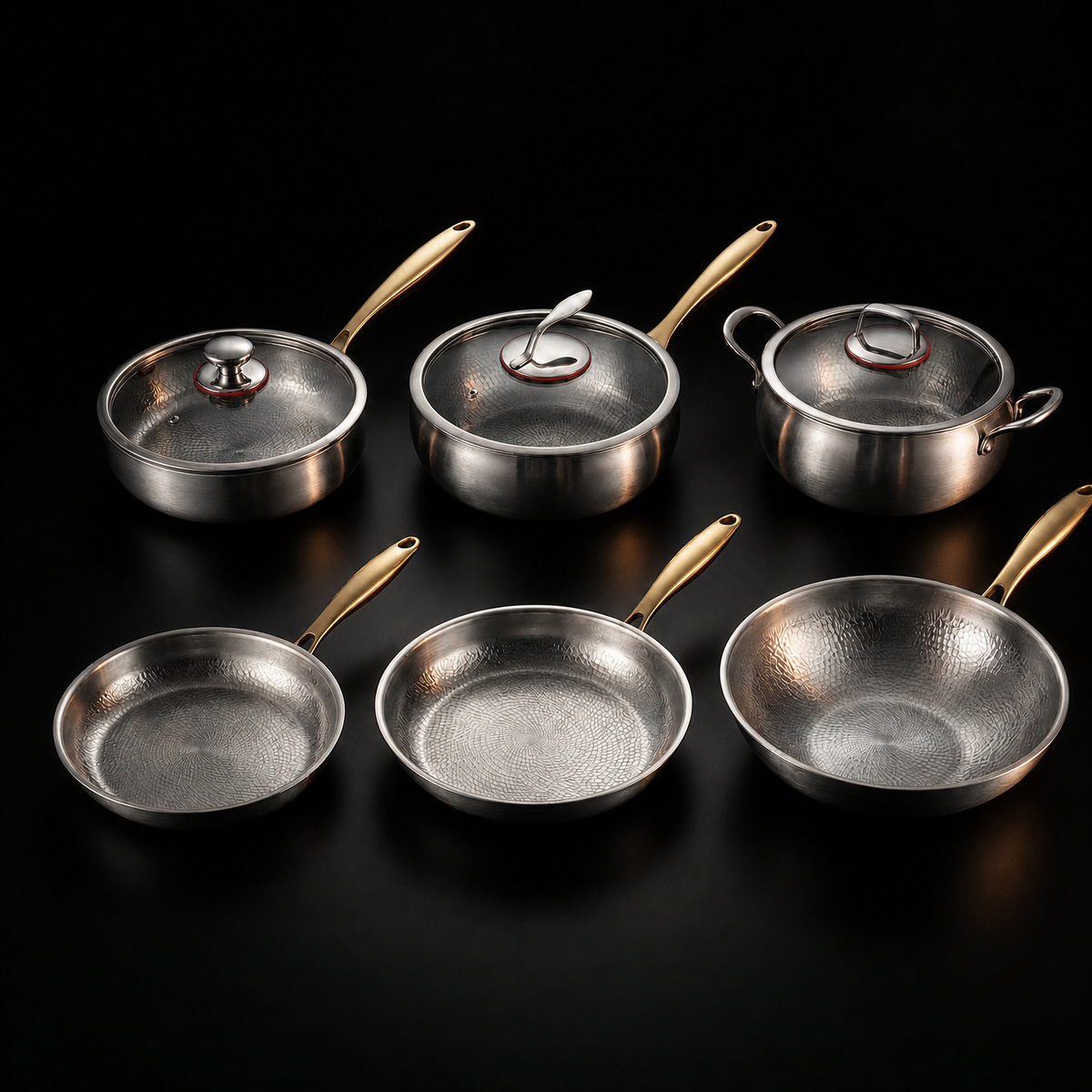 Hand-Hammered Titanium Complete Kitchen Set with 3 Lids (10, 11 & 12 Inch)  I Limited Edition