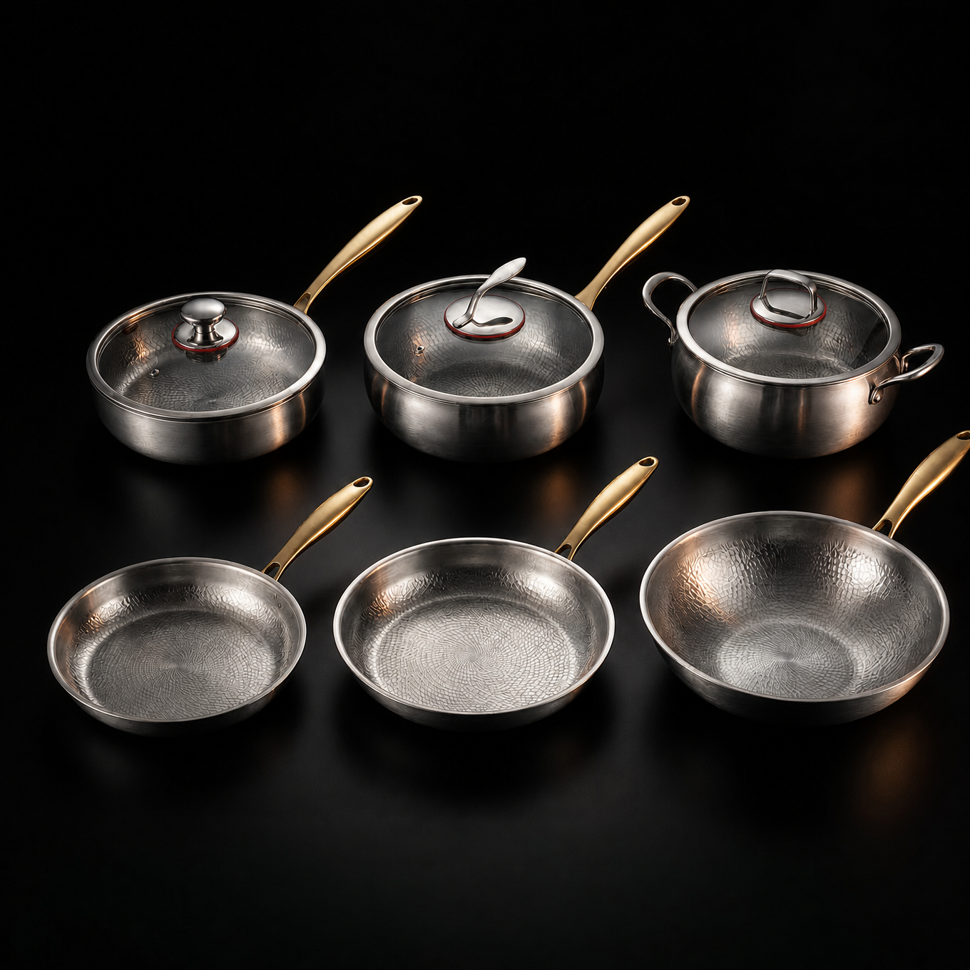Hand-Hammered Titanium Complete Kitchen Set with 3 Lids (10, 11 & 12 Inch)  I Limited Edition