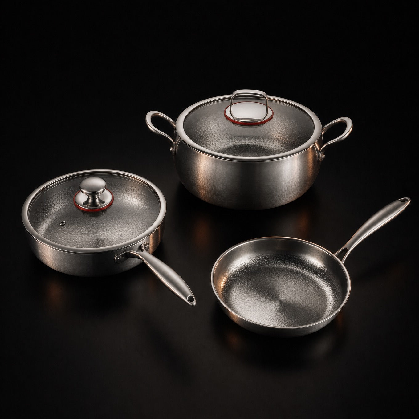Hand-Hammered Titanium Premium Cooking Set with 2 Lids (8, 9 & 10 Inch)