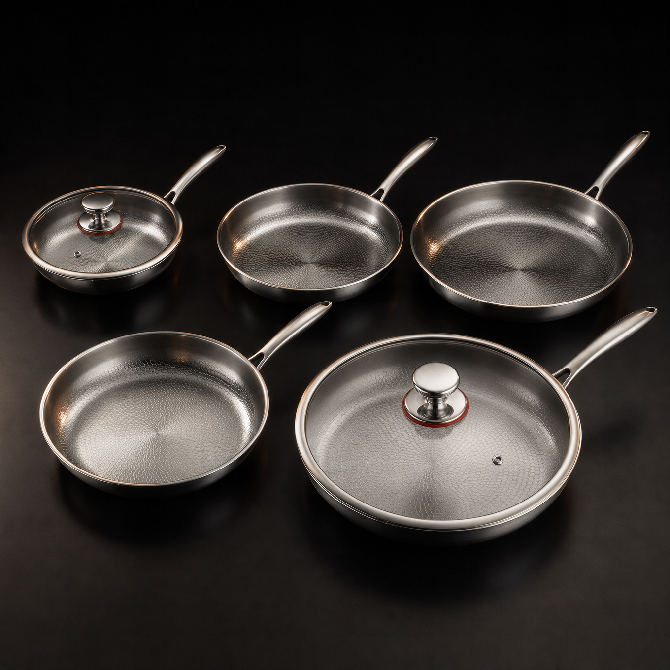 Hand-Hammered Titanium Frying Pan Bundle with 2 Lids (5 Sizes, 8–12 Inch)
