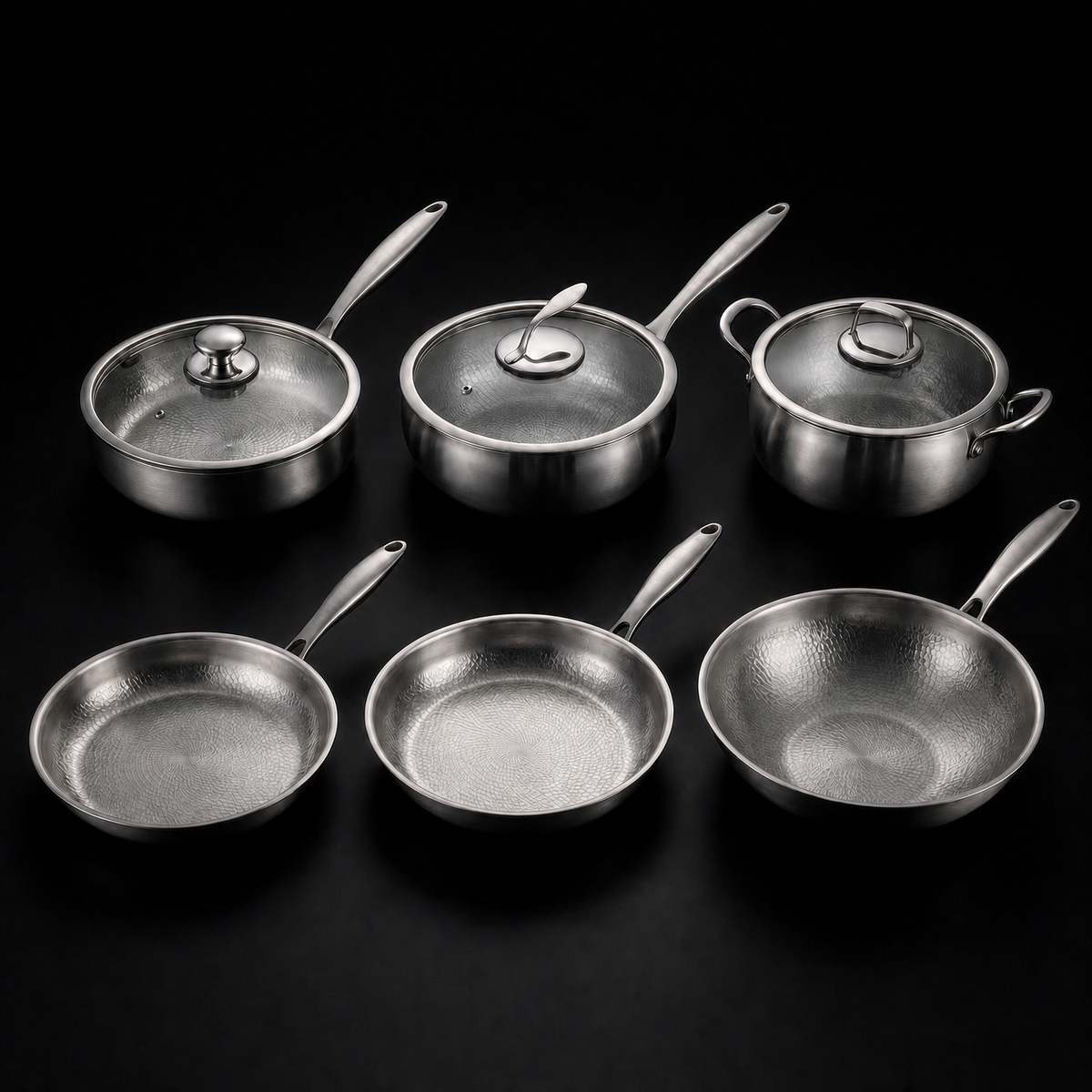 Hand-hammered titanium complete kitchen set of three pans with lids, PFAS-free by Okura