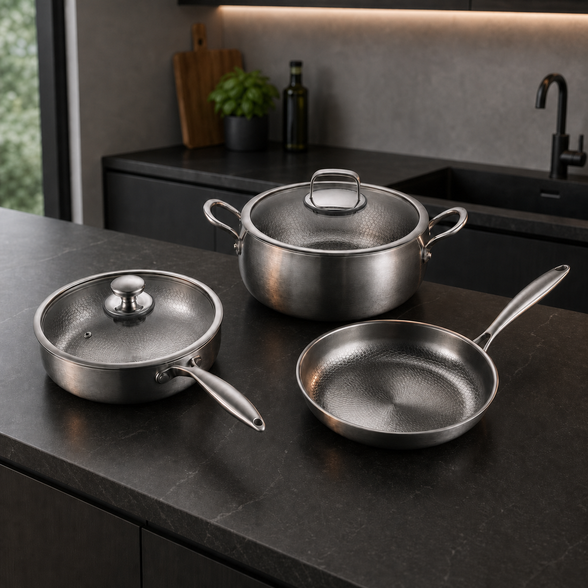 Hand-Hammered Titanium Premium Cooking Set with 2 Lids (8, 9 & 10 Inch)