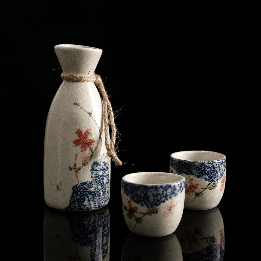 Japanese Sakura Ceramic Sake Flagon Set