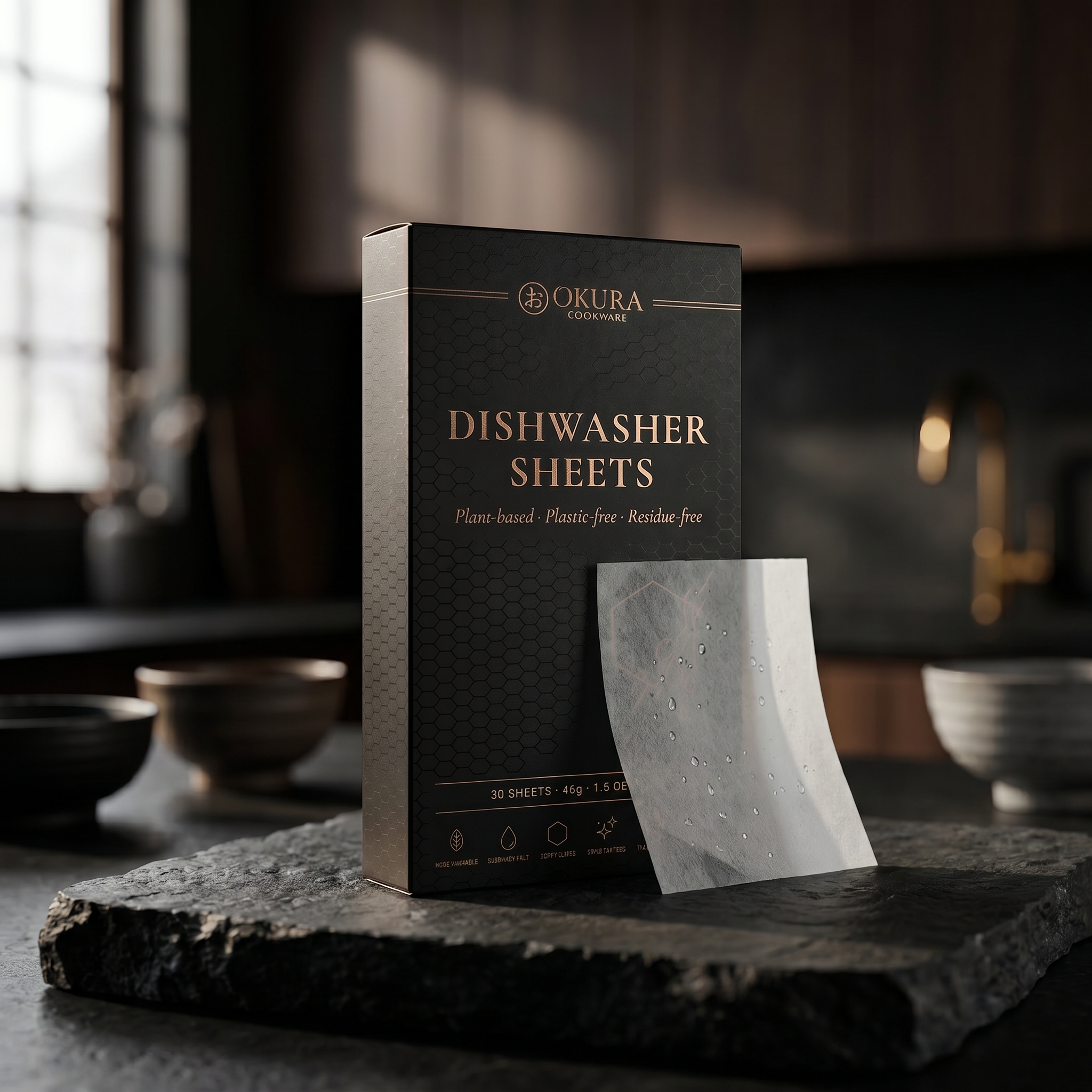Okura Kiyome plant-based dishwasher sheets, plastic-free