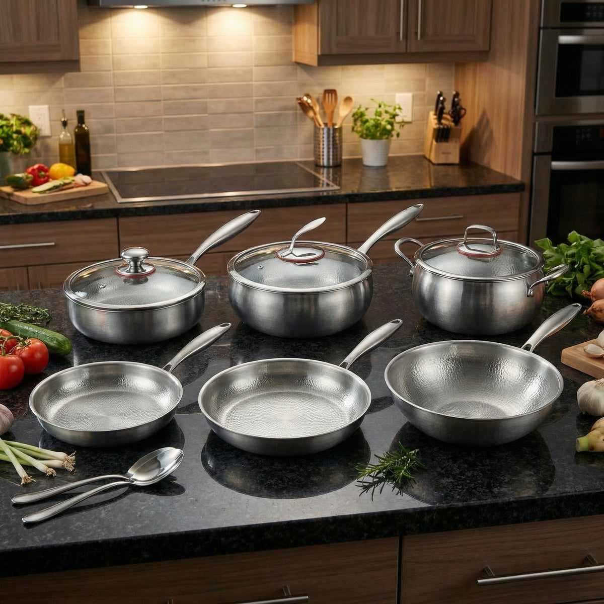 Hand-Hammered Titanium Complete Kitchen Set with 3 Lids (10, 11 & 12 Inch) | World Cup 26