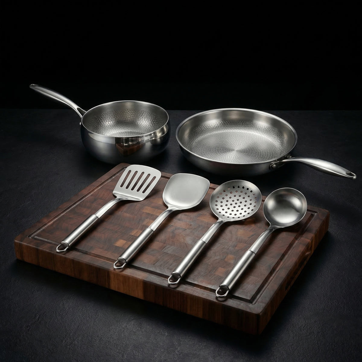 Titanium pan and sauté set with walnut board and utensils, Okura Cookware