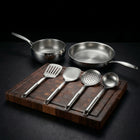 Titanium pan and sauté set with walnut board and utensils, Okura Cookware