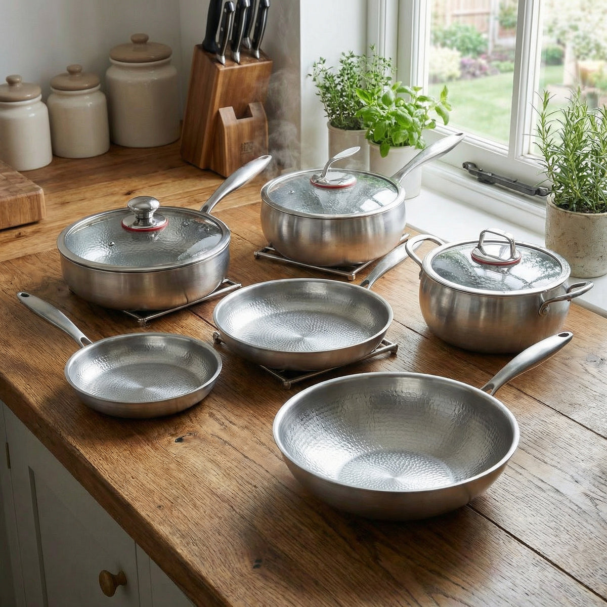 Hand-Hammered Titanium Complete Kitchen Set with 3 Lids (10, 11 & 12 Inch) | World Cup 26