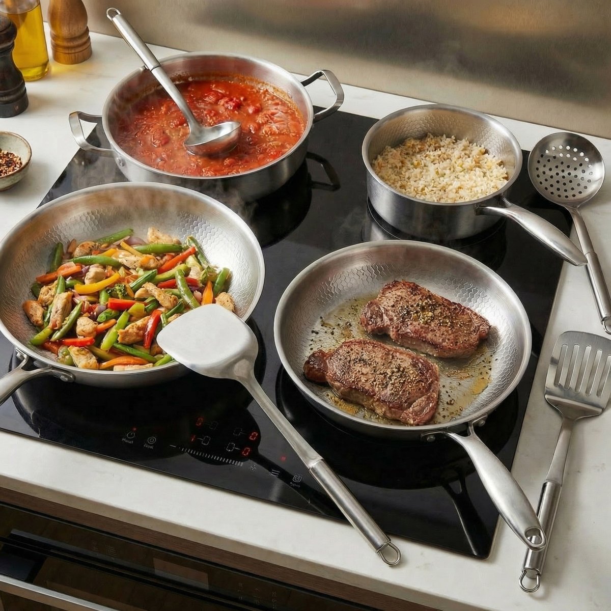 Hand-Hammered Titanium Family Set: 4 Pans & Utensils – Okura Cookware